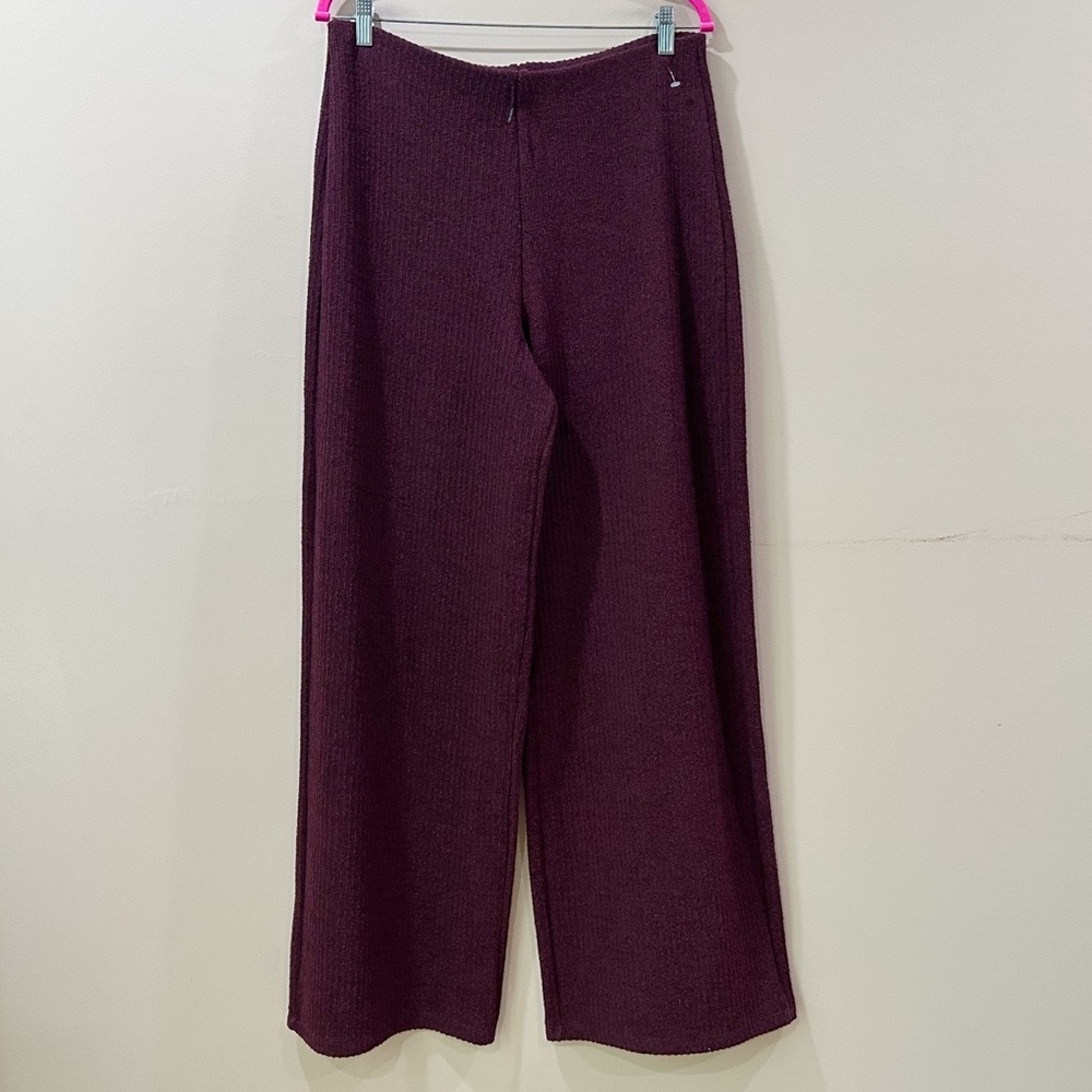 NEW Zara Wide Leg Pants Burgundy Knit Rib Lounge Pull On Women L